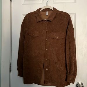 Women Corduroy Long Sleeve Button Down Collared Shirt Jacket